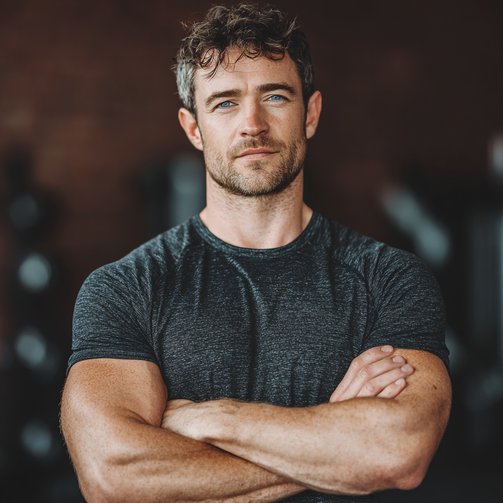 Confident man in athletic wear standing with arms crossed, determined expression, gym background