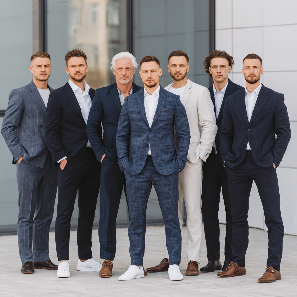 Group of successful men in business attire and athletic wear, diverse ages, confident poses, modern urban background