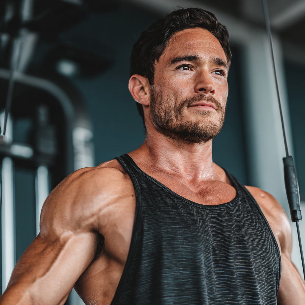 Professional male trainer demonstrating exercise form, focused expression, modern gym equipment, motivational atmosphere